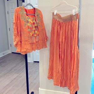 Peach color crop top with jacket and palazzo pants..Indian clothing